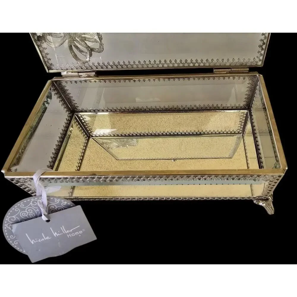 Nicole Miller Ornate Glass Jewelry Box with Crystal Jeweled Embellishment, NWT